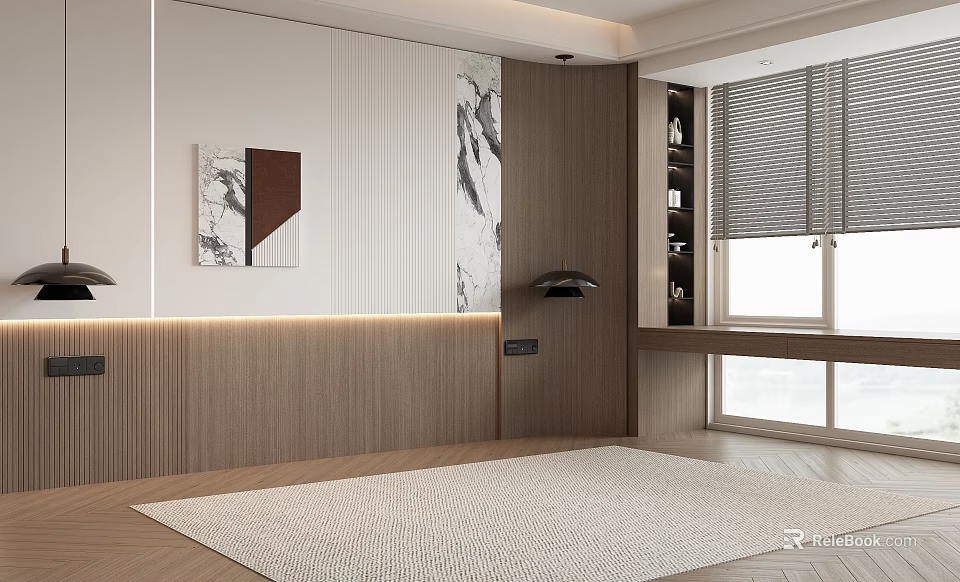Modern Bedroom Accent Wall Design With Wooden Panel Decorative Artwork And Soft Lighting 3d model 