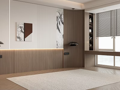 Modern Bedroom Accent Wall Design With Wooden Panel Decorative Artwork And Soft Lighting 3d model