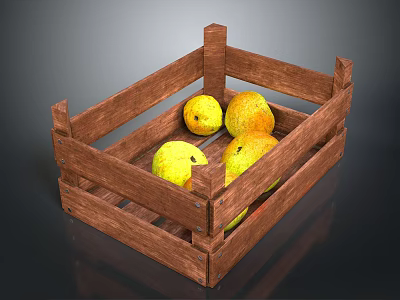 Rustic Wooden Crate Filled With Fresh Yellow Fruits On Dark Surface 3d model