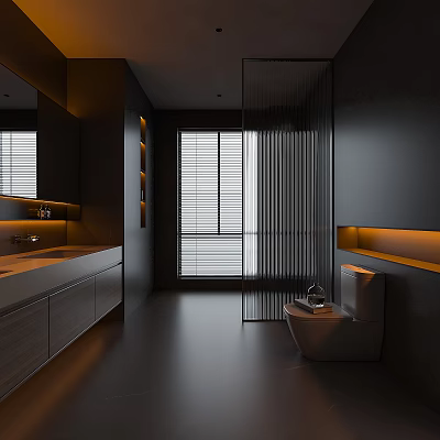 Modern Bathroom Interior Design With Glass Shower Vanity Toilet And Ambient Lighting 3d model