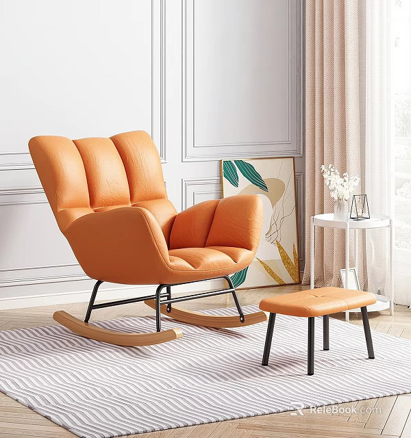 Orange Rocking Leisure Chair With Matching Footstool And Decorative Painting In Modern Interior 3d model 