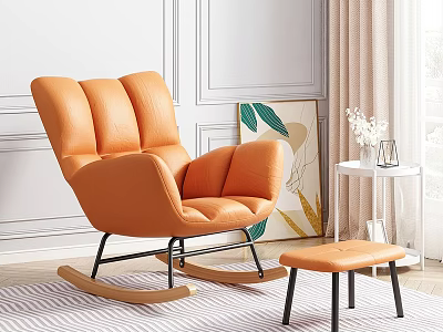 Orange Rocking Leisure Chair With Matching Footstool And Decorative Painting In Modern Interior 3d model