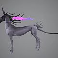 Mythical Gray Creature With Black Horn Purple Eyes And Glowing Pink Purple Mane Tail