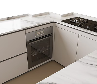 Modern Kitchen Interior With White Cabinets Marble Countertops Built-in Oven And Gas Stove 3d model