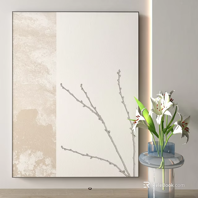 Minimalist Wall Design Featuring Decorative Branches And White Lilies In Transparent Vase 3d model 