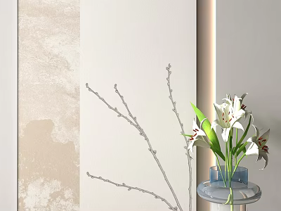 Minimalist Wall Design Featuring Decorative Branches And White Lilies In Transparent Vase 3d model