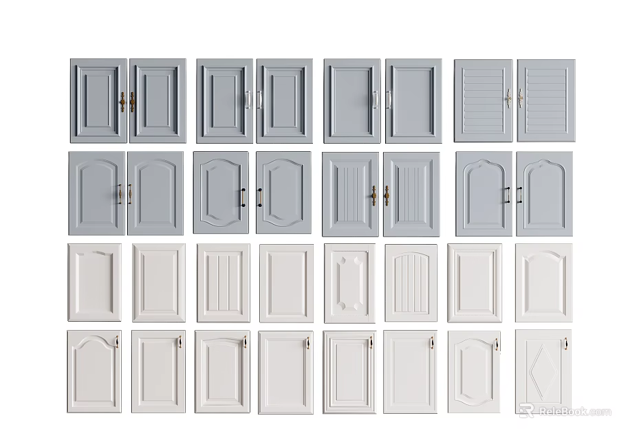 Various Stylish Hinged Doors In Grey And White With Multiple Panel Designs 3d model 