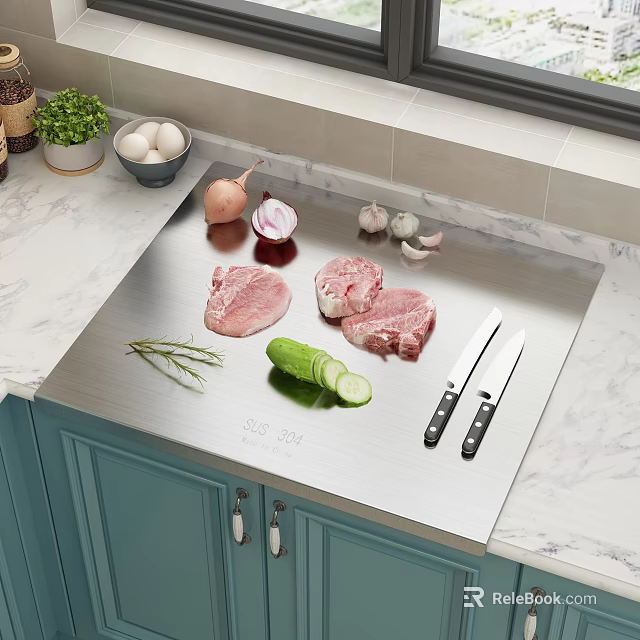 Stainless Steel 304 Cutting Board With Fresh Meat Vegetables And Sharp Knives On Marble Countertop 3d model 