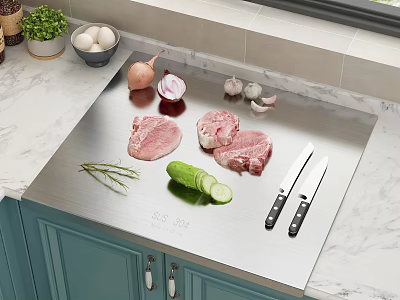 Stainless Steel 304 Cutting Board With Fresh Meat Vegetables And Sharp Knives On Marble Countertop 3d model