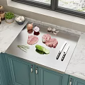 Stainless Steel 304 Cutting Board With Fresh Meat Vegetables And Sharp Knives On Marble Countertop
