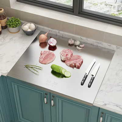 Stainless Steel 304 Cutting Board With Fresh Meat Vegetables And Sharp Knives On Marble Countertop 3d model