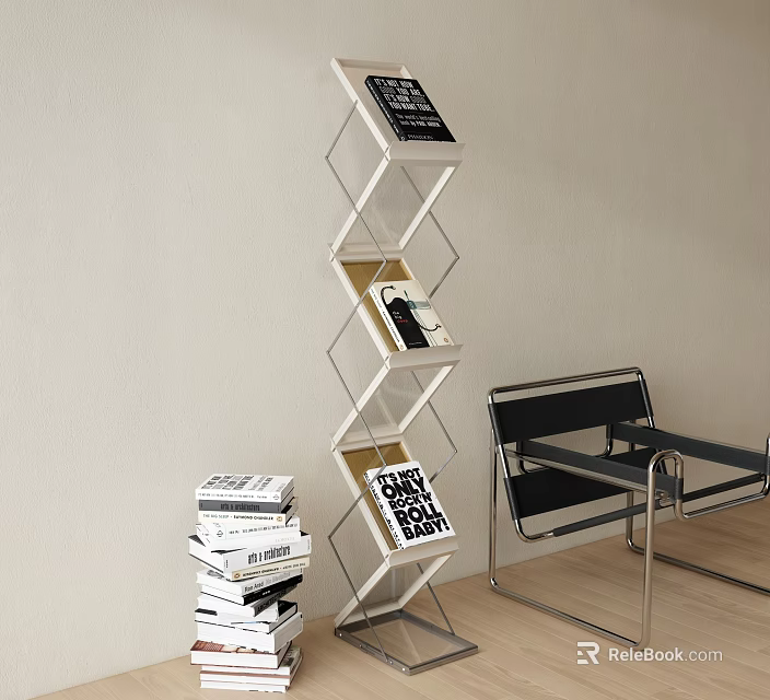 Modern Geometric Bookshelf With Stacked Books And Accent Chair In Minimalist Room 3d model 