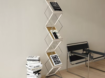 Modern Geometric Bookshelf With Stacked Books And Accent Chair In Minimalist Room 3d model