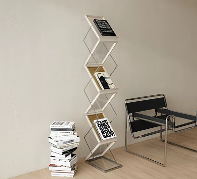 Modern Geometric Bookshelf With Stacked Books And Accent Chair In Minimalist Room 3d model