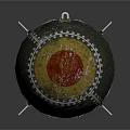 Vintage Military Bomb With Riveted Green Surface Yellow Red Markings And Metal Bracket