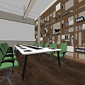 Modern Conference Room Interior With Long Table Green Chairs Large Screen And Wooden Bookshelves