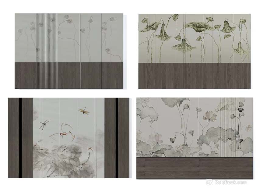 Ink Painting Style Background Wall With Lotus Flowers Dragonflies And Wooden Panel 3d model 