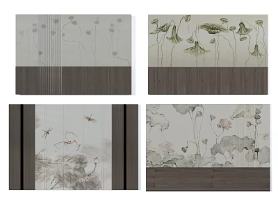 Ink Painting Style Background Wall With Lotus Flowers Dragonflies And Wooden Panel 3d model