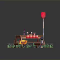 Picnic Table with Red and White Checkered Tablecloth Green Grass Characters Flag and Wooden Crate