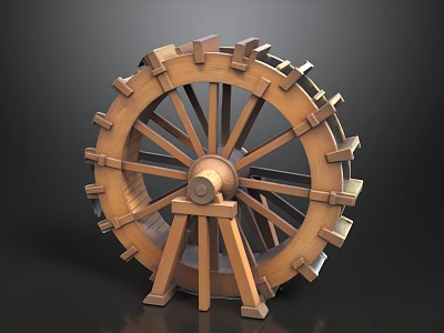 Wooden Water Wheel Structure With Spokes And Tripod Base Design Details 3d model
