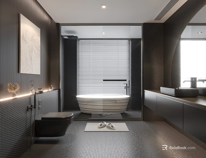 Modern Bathroom Interior With Black Toilet White Bathtub Window Blinds And Gray Tiled Floor 3d model 