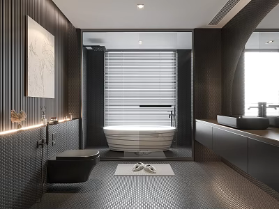 Modern Bathroom Interior With Black Toilet White Bathtub Window Blinds And Gray Tiled Floor 3d model