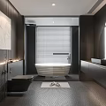 Modern Bathroom Interior With Black Toilet White Bathtub Window Blinds And Gray Tiled Floor