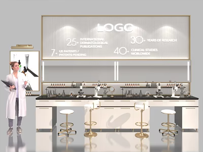 Activity Display Wall with Logo 25 International Researchers 30 Global Collaborations 40 Research Studies and Lab Bench 3d model