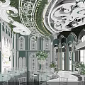Elegant Banquet Hall With Ornate Ceiling Spiral Staircase Round Platform And Clear Chairs