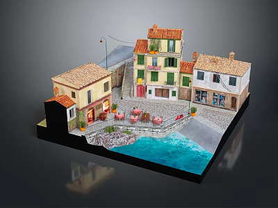 Mediterranean Building Model With Orange Roofs Balconies Street Lamp And Waterfront Outdoor Seating 3d model