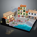 Mediterranean Building Model With Orange Roofs Balconies Street Lamp And Waterfront Outdoor Seating