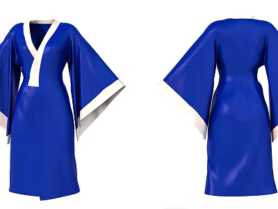 Blue Robe With White Trim And Wide Sleeves Front Back Design Details 3d model