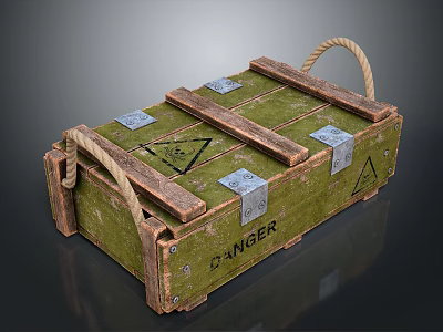 Green Wooden Crate With Danger Sign Metal Clasps And Rope Handles 3d model