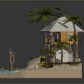 Cartoon Scene With Thatched Hut Palm Trees Small House Staircase Sand Water And Green Plants