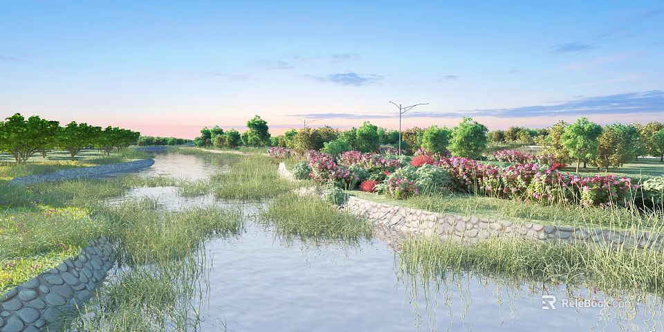 Scenic Park Landscape With River Grass Flower Beds And Green Trees Under Blue Sky 3d model 