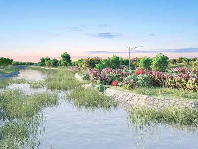 Scenic Park Landscape With River Grass Flower Beds And Green Trees Under Blue Sky 3d model
