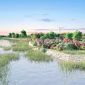 Scenic Park Landscape With River Grass Flower Beds And Green Trees Under Blue Sky