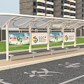 Urban Public Bus at Shelter Stop with SGCP Billboards Benches and Green Grass