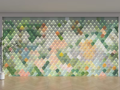 Colorful Geometric Diamond Pattern Sofa Background Wall With Potted Plant And Wooden Floor 3d model