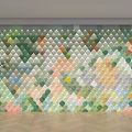 Colorful Geometric Diamond Pattern Sofa Background Wall With Potted Plant And Wooden Floor