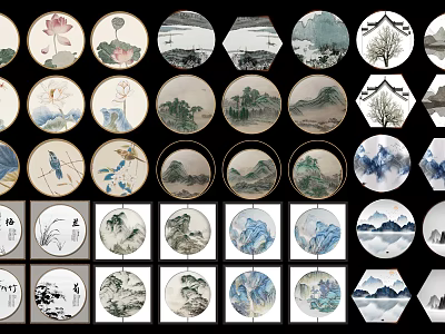 Round Framed Paintings With Traditional Chinese Landscape Flower Bird Artistic Patterns 3d model