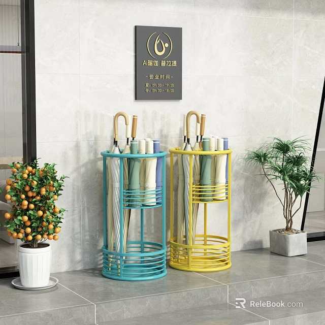 Blue And Yellow Cylindrical Umbrella Storage Racks With Green Plants Gray Wall Background 3d model 