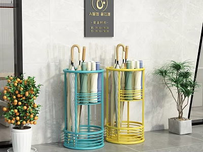 Blue And Yellow Cylindrical Umbrella Storage Racks With Green Plants Gray Wall Background 3d model