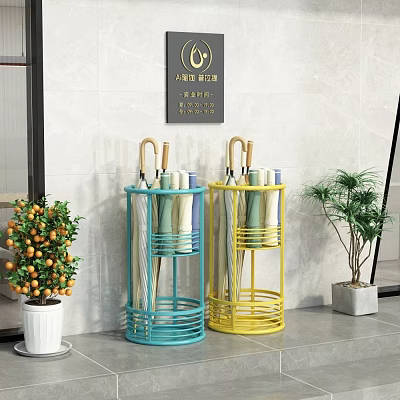 Blue And Yellow Cylindrical Umbrella Storage Racks With Green Plants Gray Wall Background 3d model