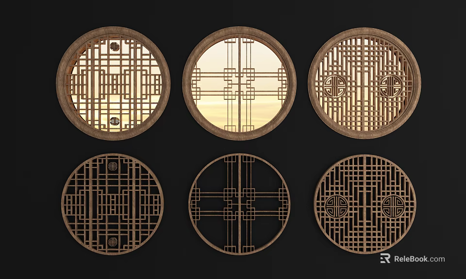 Traditional Decorative Wooden Circular Carved Lattice Windows with Various Intricate Patterns 3d model 