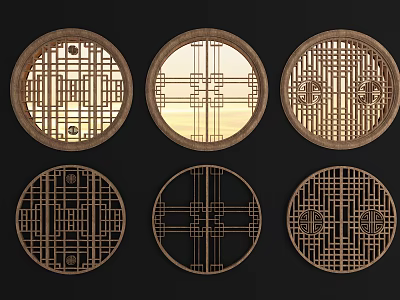 Traditional Decorative Wooden Circular Carved Lattice Windows with Various Intricate Patterns 3d model