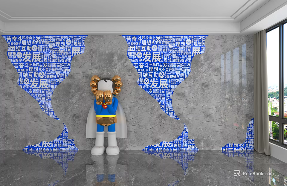 Background Wall With World Map Shape And Blue Chinese Text For Modern Decor 3d model