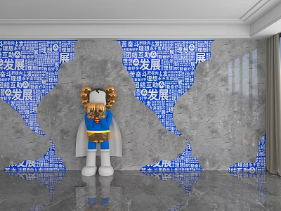 Background Wall With World Map Shape And Blue Chinese Text For Modern Decor 3d model