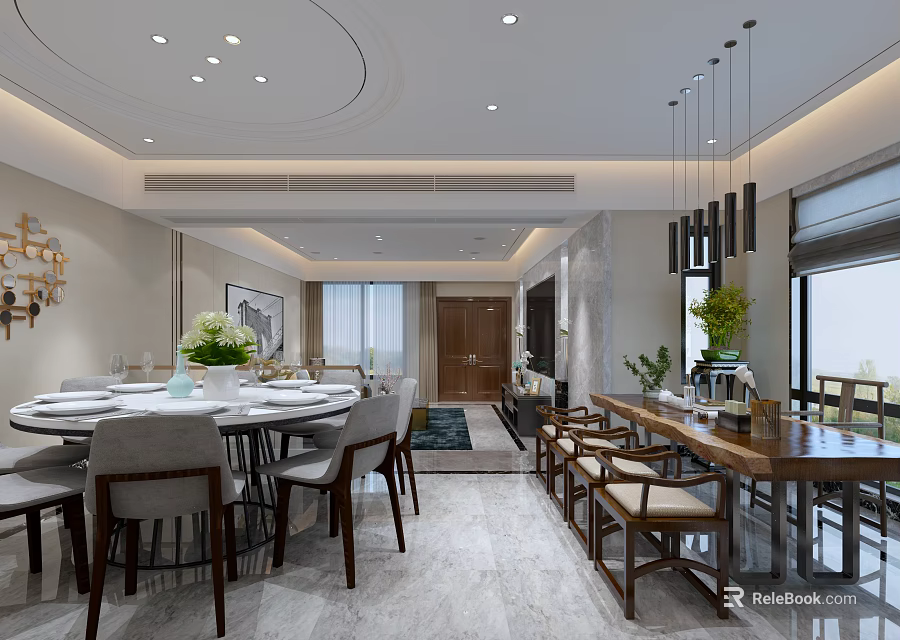 Modern Restaurant Interior With Round Dining Table Pendant Lights And Green Plants 3d model 