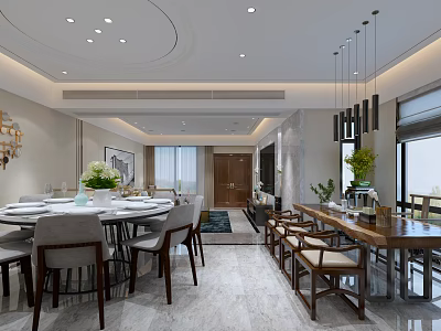 Modern Restaurant Interior With Round Dining Table Pendant Lights And Green Plants 3d model